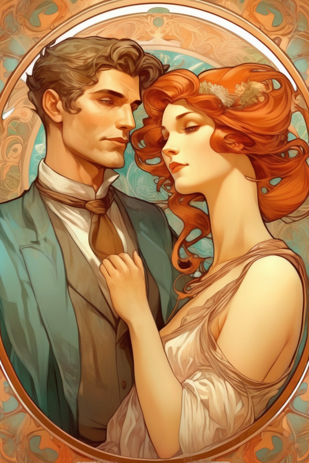 <lora:Alphonse Mucha Style:1>Alphonse Mucha Style - a handsome clean shaven man and a beautiful woman in the style of Alph...